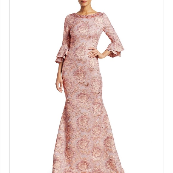 Theia Couture Metallic Floral Bell Sleeve Trumpet gown- Blush - Picture 3 of 10